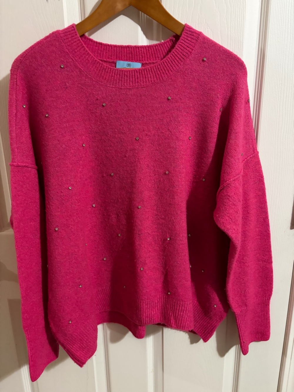 CeCe Bright Fuchsia Beaded Crewneck Sweater with Rhinestone Detailing